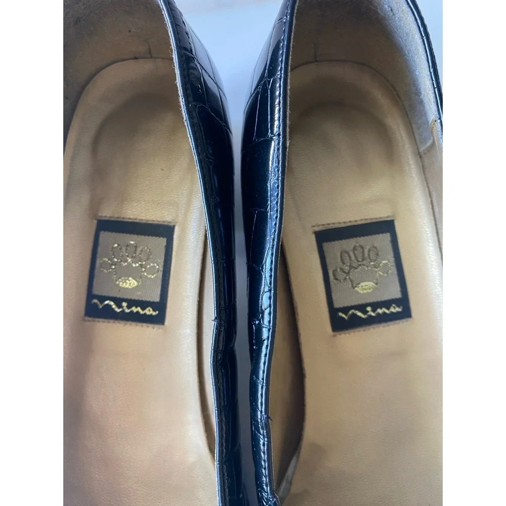 Nina‎ Black Crocodile Embossed Faux Patent Leather Loafer Size 8M Slight Heel